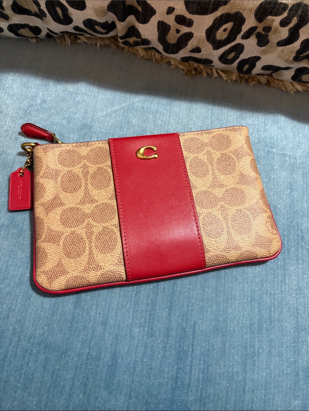 Coach Tan Signature Canvas Pouch with Red Leather Stripe
